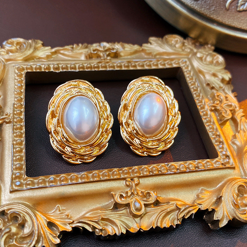 Mid-century Modern Ellipse Geometric Artificial Pearl Electroplating Earrings