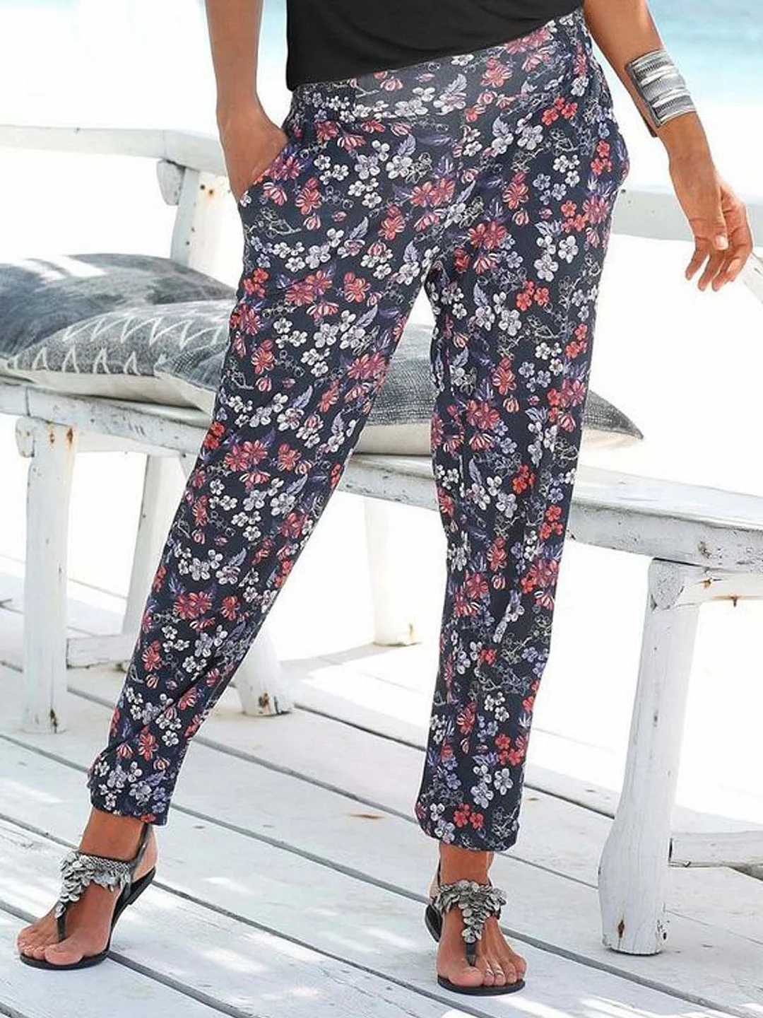 Casual Floral Autumn Natural Micro-Elasticity Jersey Best Sell Long Regular Casual Pants for Women