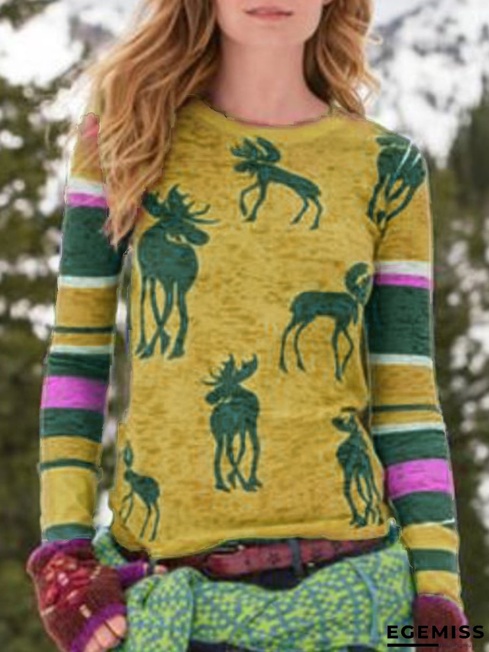 Green Round Neck Casual Long Sleeve Tops | EGEMISS