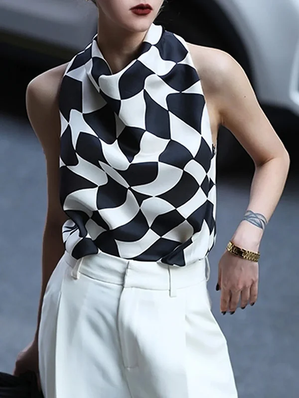 Black&White Checkerboard Color Block Vest Top