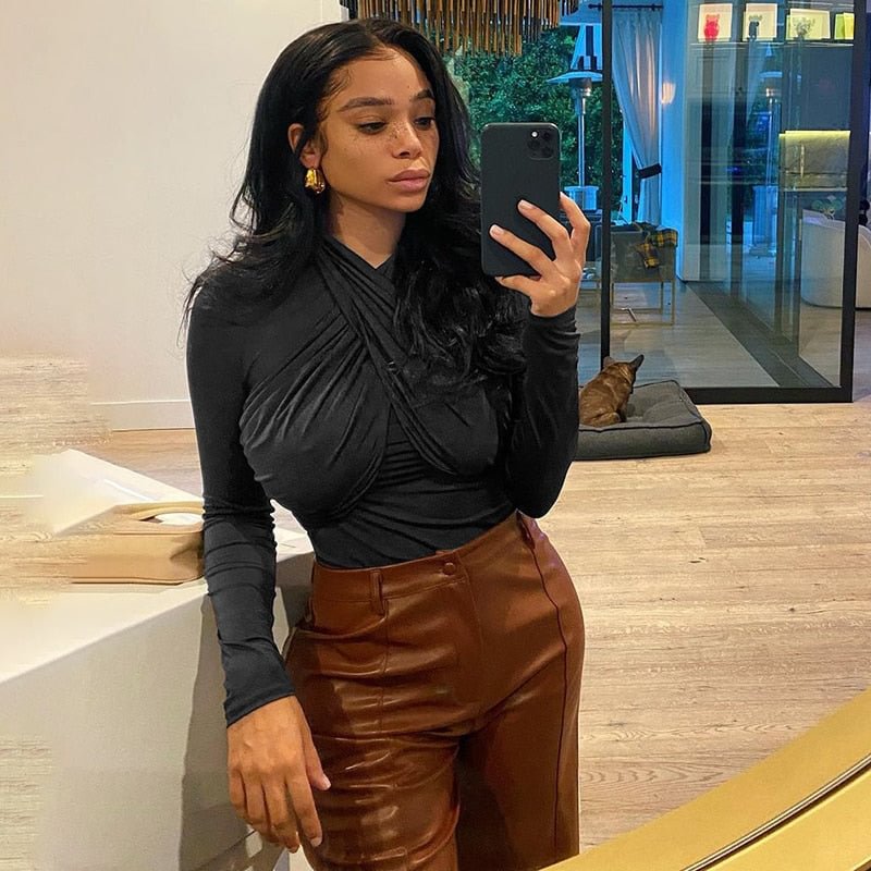 Dulzura Solid Women Long Sleeve Halter Bodysuit Cross Bodycon Sexy Party Elegant Streetwear 2020 Autumn Winter Club Body Romper