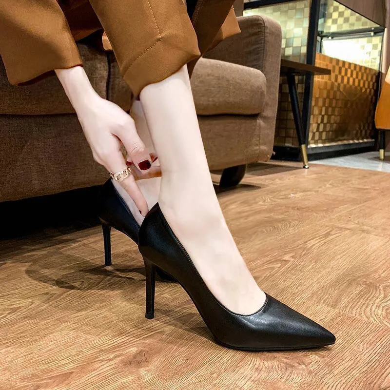 Breakj Breakj Working Shoes Women Black High Heels Fine Heel Professional Tip Low Heel Soft Leather Small Size Comfortable Single Shoes