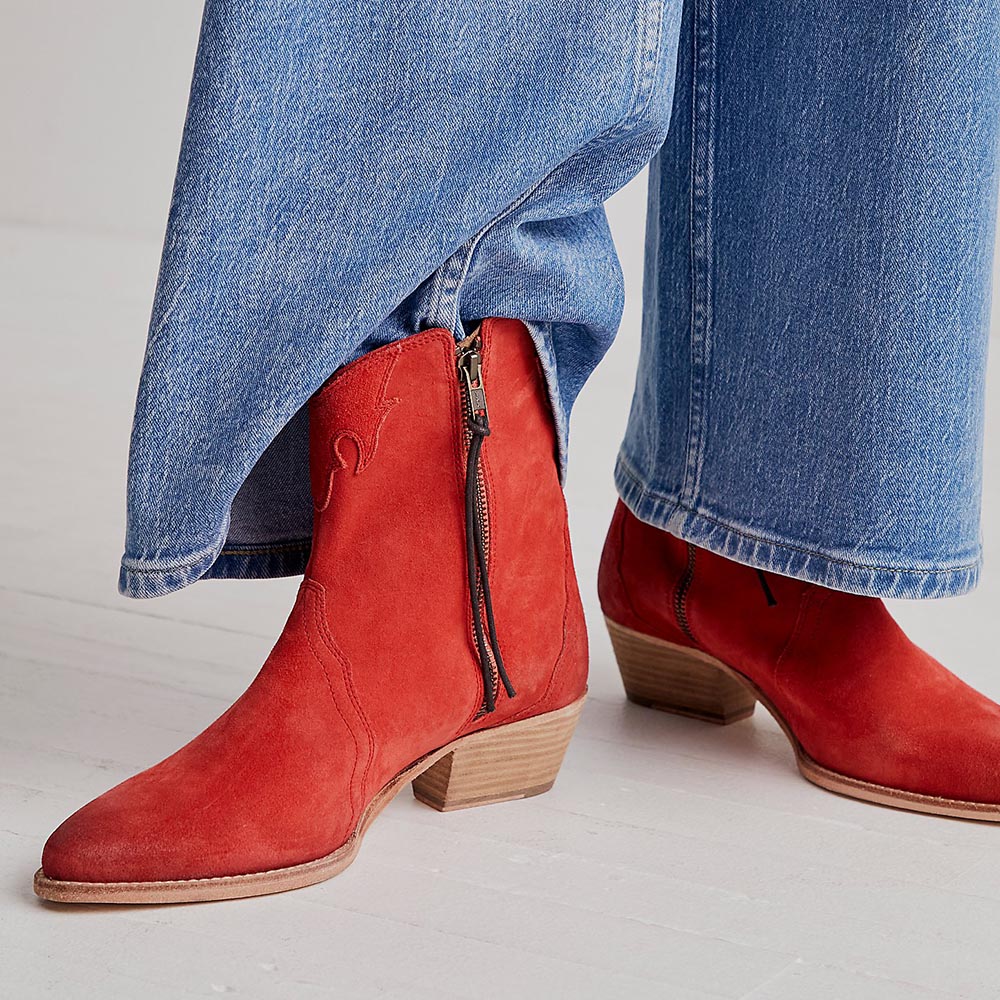 Red Faux Suede Pointed Toe Chunky Heel Western Booties for Women Nicepairs