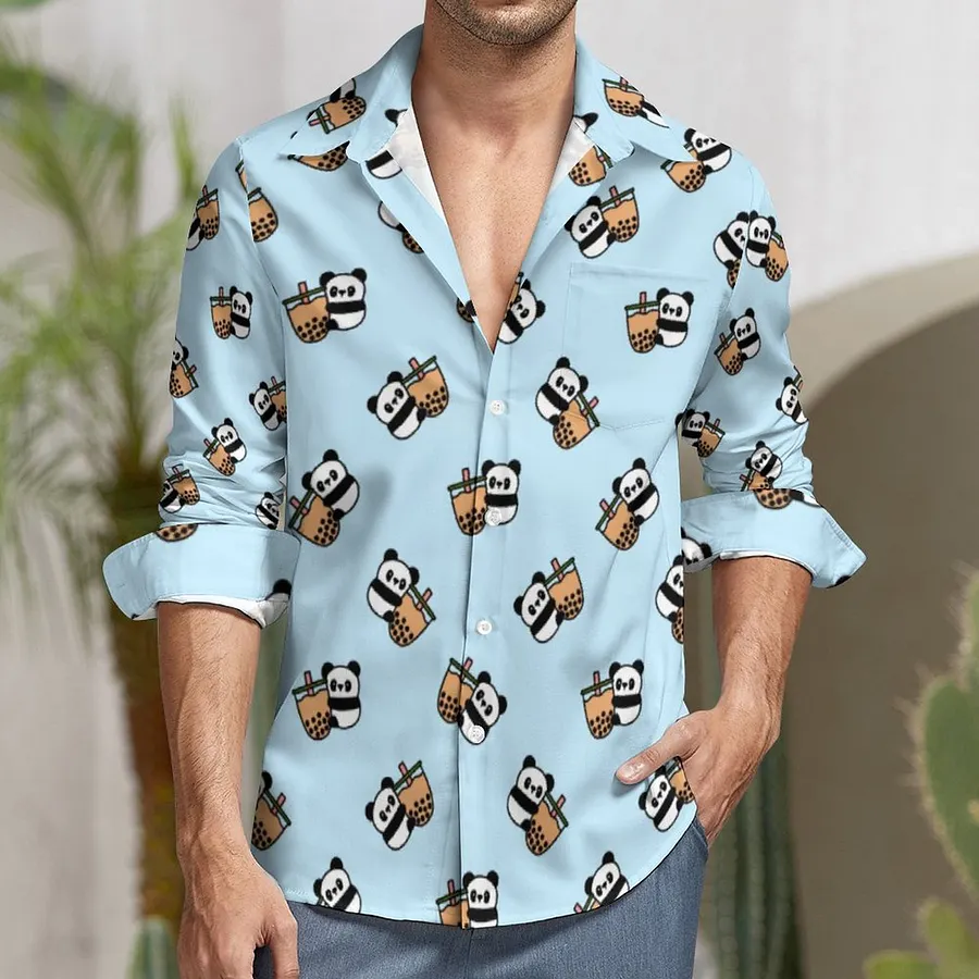 panda dress shirt Cute Bubble Tea Panda Bear Men's Casual Long Sleeve Button Down Pocket Shirt