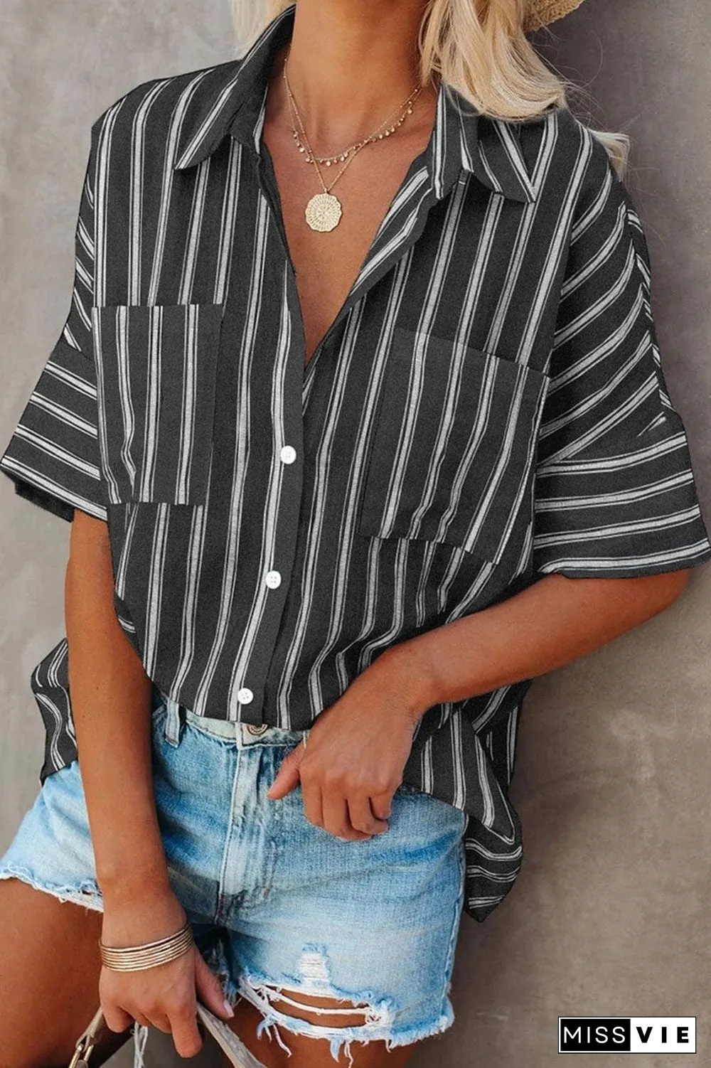 Fashion Striped Split Joint Turndown Collar Tops(4 Colors)