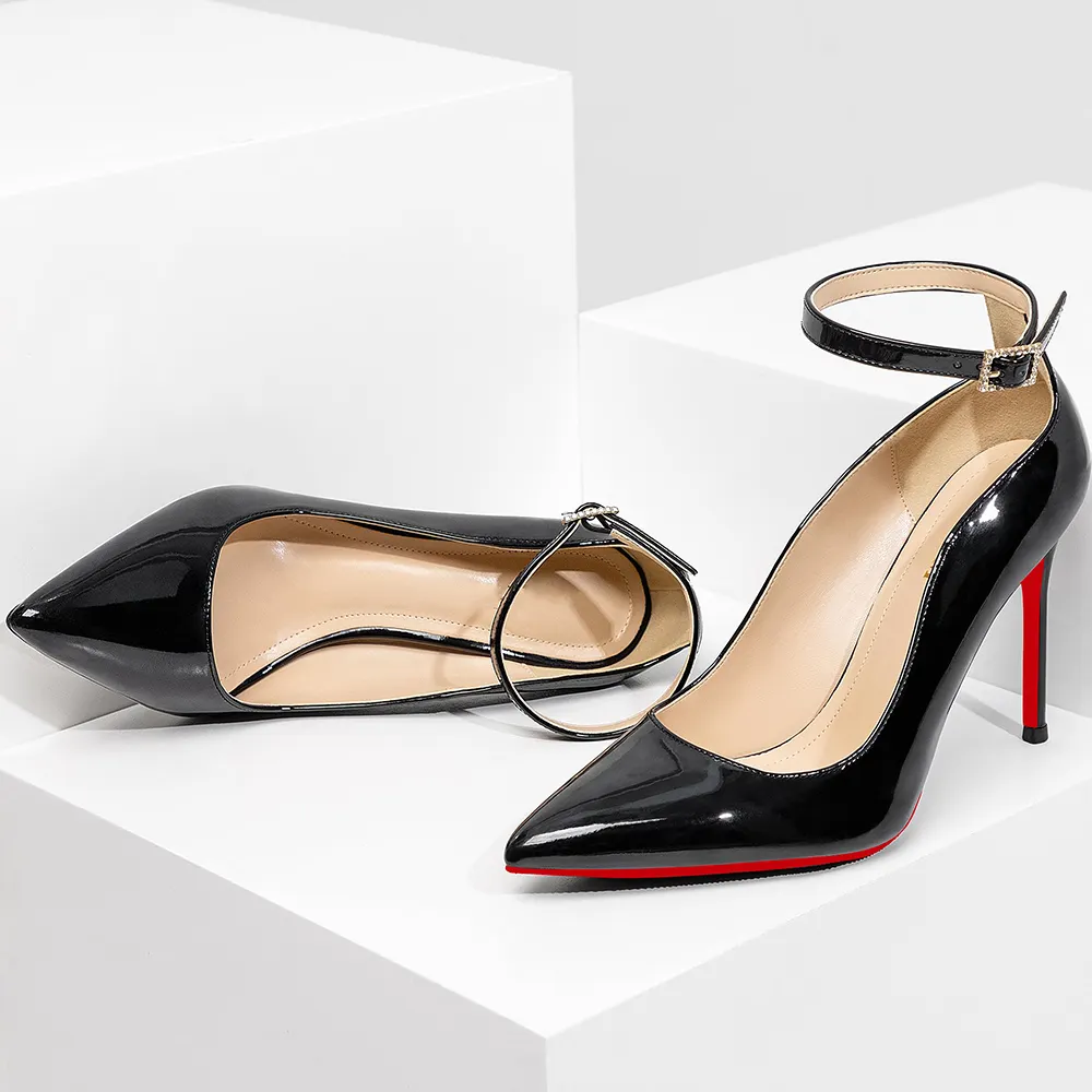 100mm Women's Wedding Party Heels Classic Color Red Bottom Patent Ankle Strap Pumps -vocosishoes
