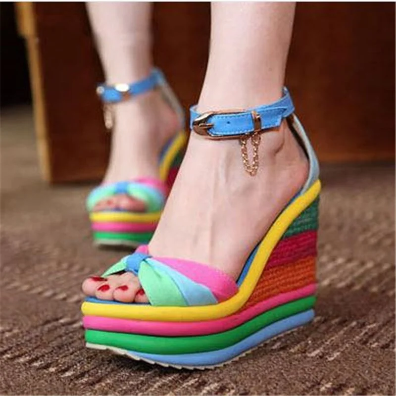 Qengg New Summer Sexy Bohemia Casual Rainbow Peep Toe Platform Sandals For Womens Wedges Sandalias Plataforma Shoes High