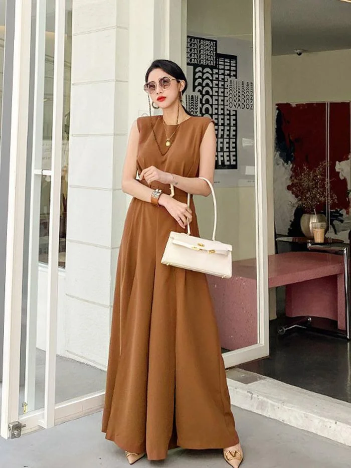 Fashion round neck split wide leg pants professional jumpsuit