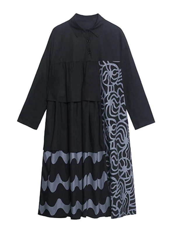 Black&Green Printed Tiered Loose Long Sleeve Shirt Dress