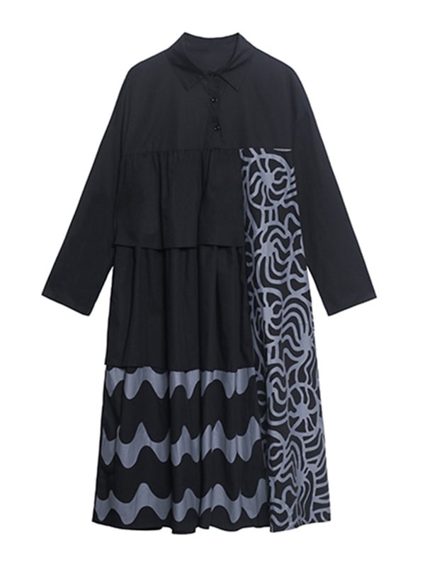 Black&Green Printed Tiered Loose Long Sleeve Shirt Dress