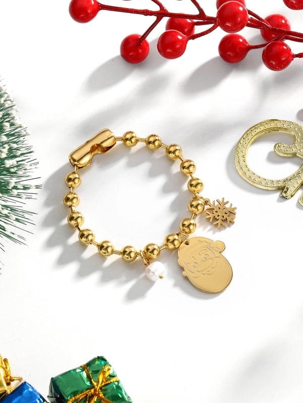 Casual Elegant Lady Santa Claus 304 Stainless Steel Freshwater Pearl 24K Gold Plated Freshwater Pearl Beaded Chain Bracelets In Bulk Christmas