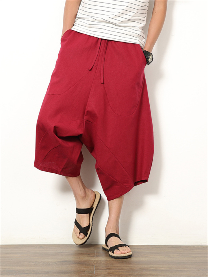 Men's Linen Shorts Summer Shorts Harem Pants Pocket Drawstring Elastic Waist Plain Outdoor Daily Going out Linen / Cotton Blend Fashion Streetwear Black Wine