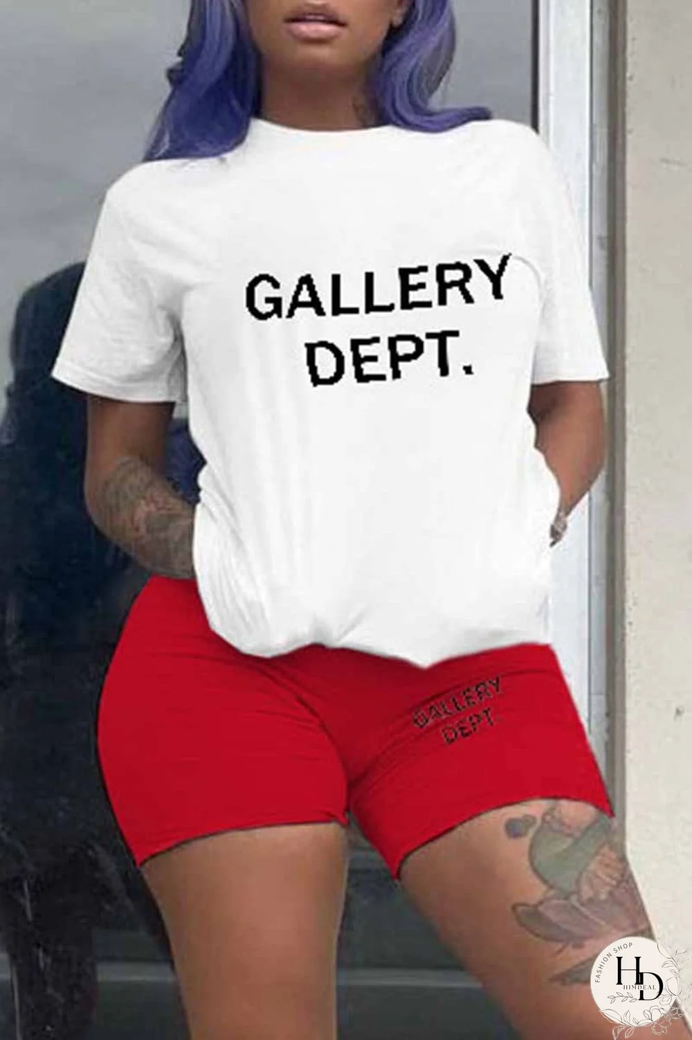 Black Casual Print Letter O Neck Short Sleeve Two Pieces