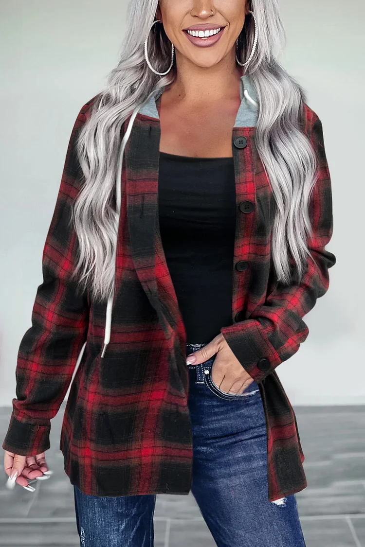 Plaid Pattern Button Front Hooded Shacket