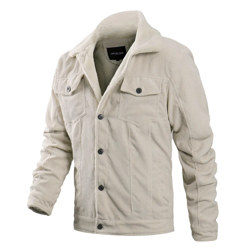Men's Corduroy Fleece Jacket Casual Lapel Warm Winter Fleece Jacket Coat