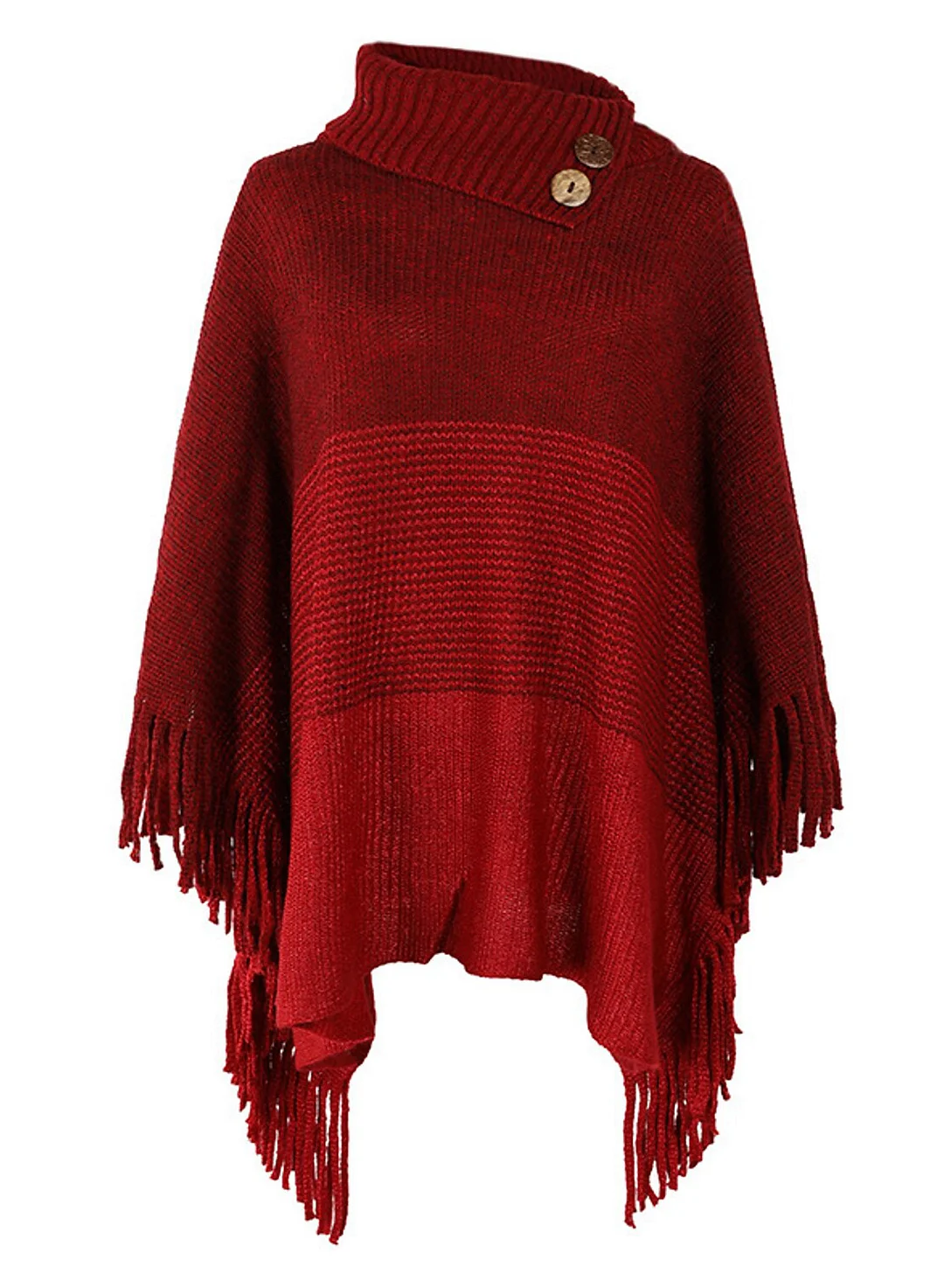 Women's Blouse Shirt Color Block Button Tassel Long Sleeve Casual Ponchos