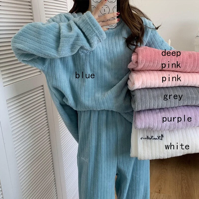 FINETOO 2PCS/Set Winter Warm Flannel Women Pyjamas Sets Plush Velvet Long Sleeve Sleepwear Nightwear Coral Fleece Girls Homewear