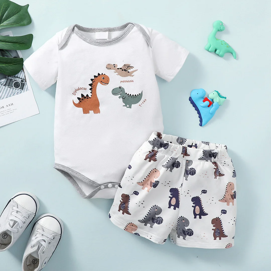 2PCS Lovely Cartoon Dinosaur Printed Baby Boy Set