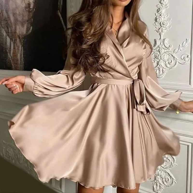 Uveng Uveng Solid-Colored Stuff Temperament Commuter Long-Sleeved V-Neck Official Picture Skirt Dress
