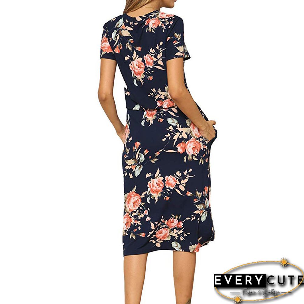 Navy Floral Print Short Sleeve Pencil Dress