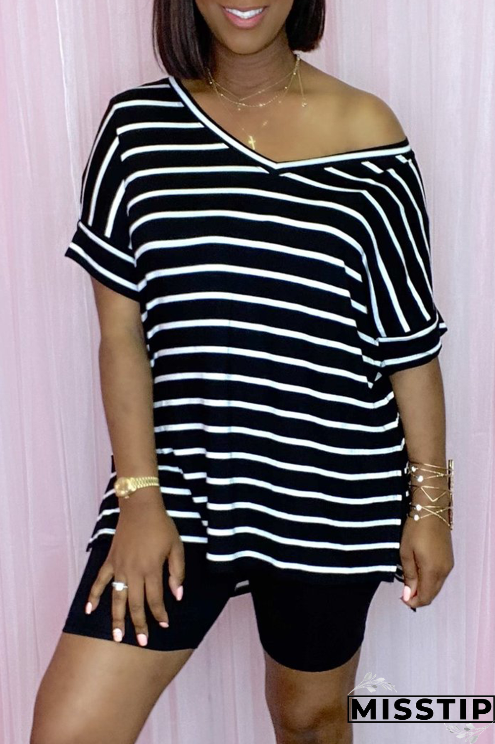 Black Casual Striped Patchwork V Neck Short Sleeve Two Pieces