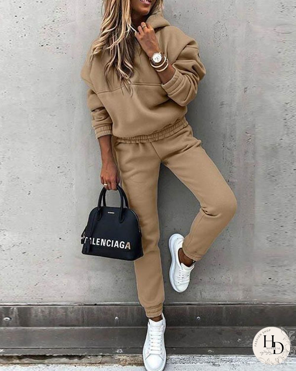 Casual Plain Color Hoodie Top & Pants Set