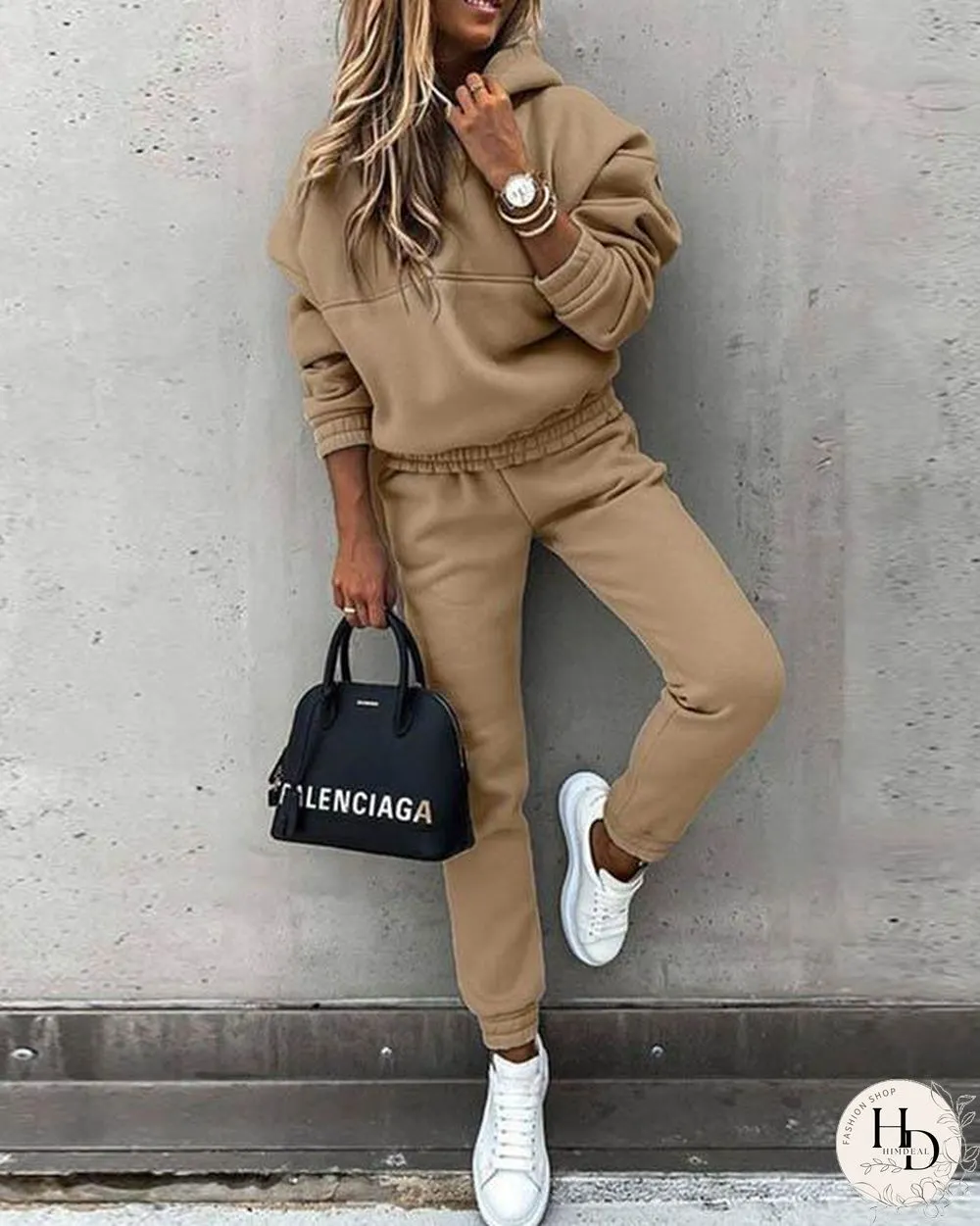 Casual Plain Color Hoodie Top & Pants Set