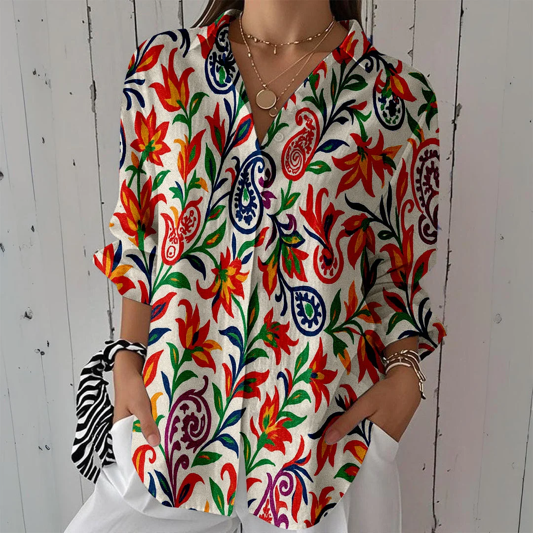 Style & Comfort for Mature Women Women Floral, Green, Orange DZCL0082 3/4 Sleeve Shirt Collar Printed Button Tops