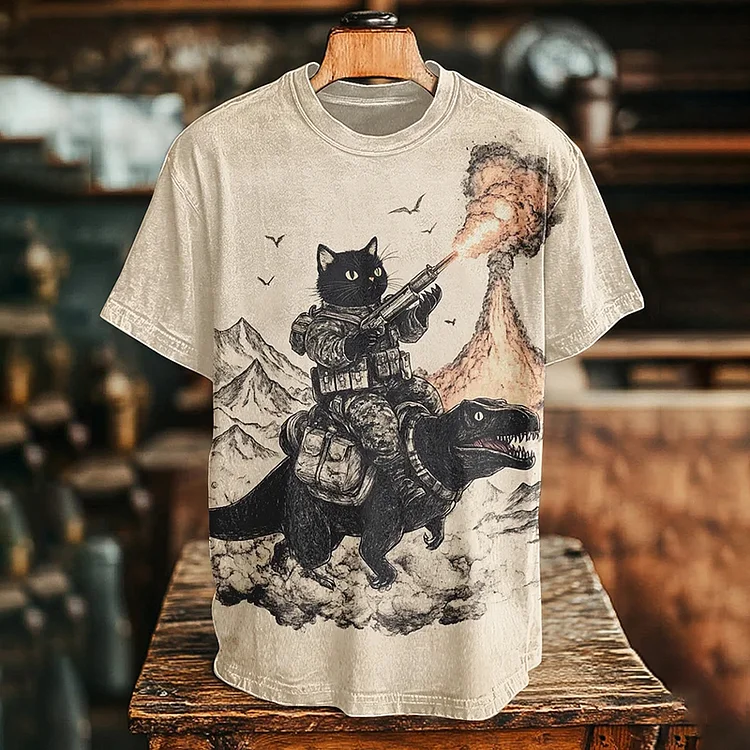 VChics Men's Vintage Cat Riding Dinosaur Battle Print T-shirt