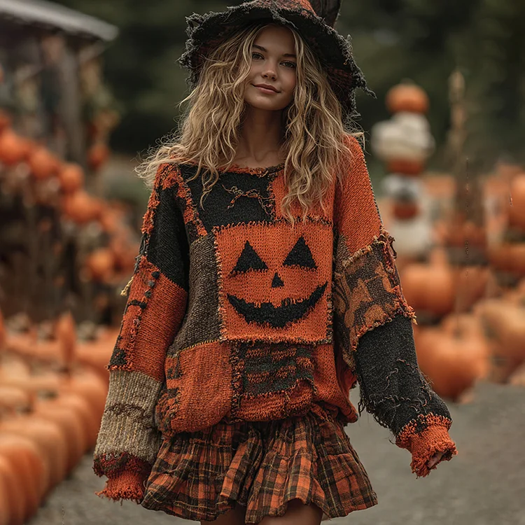 Vintage Patchwork Halloween Pumpkin Face Art Cozy Knit Sweater