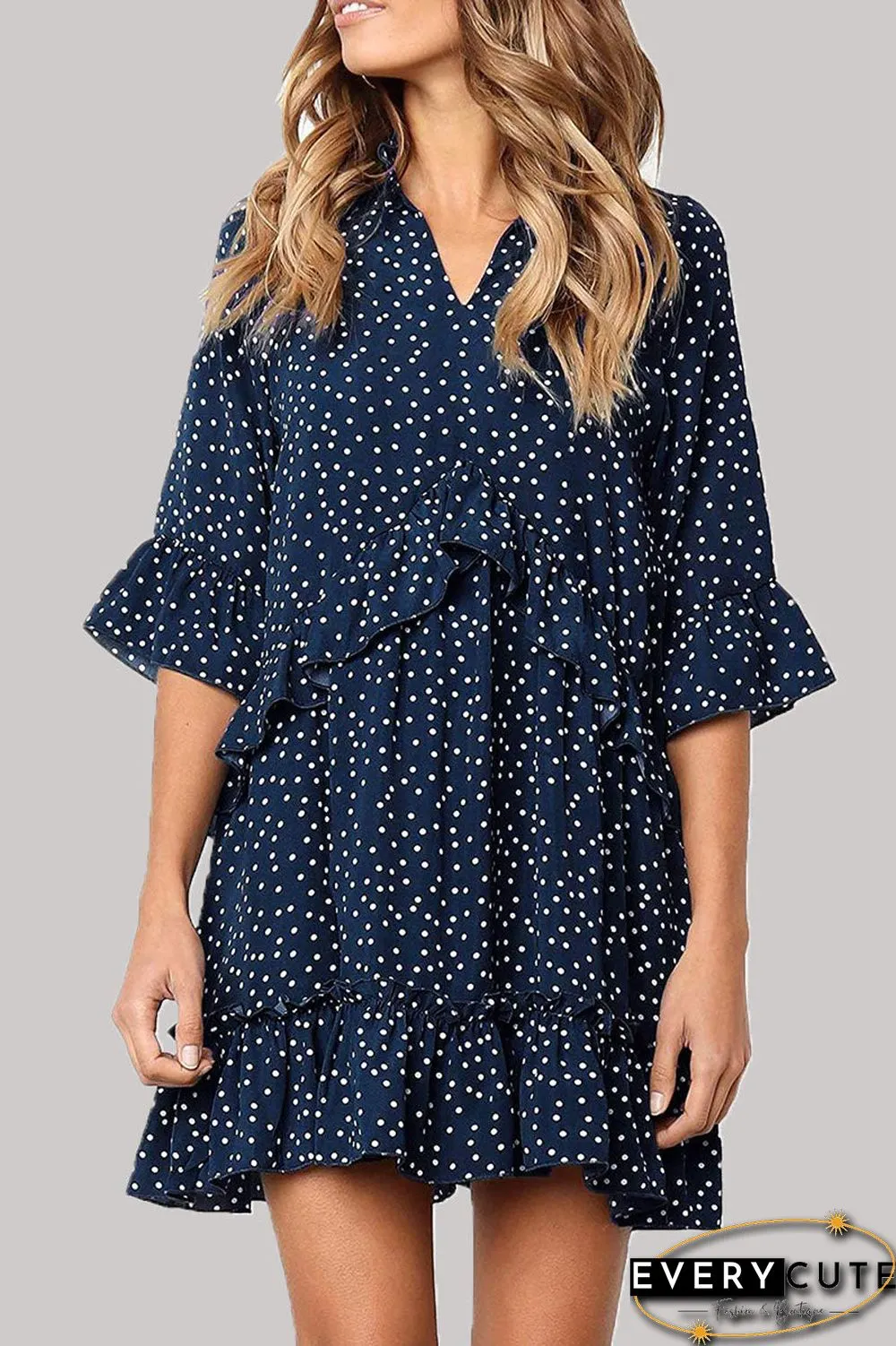 Fashion Casual Polka Dot Split Joint V Neck Princess Dresses