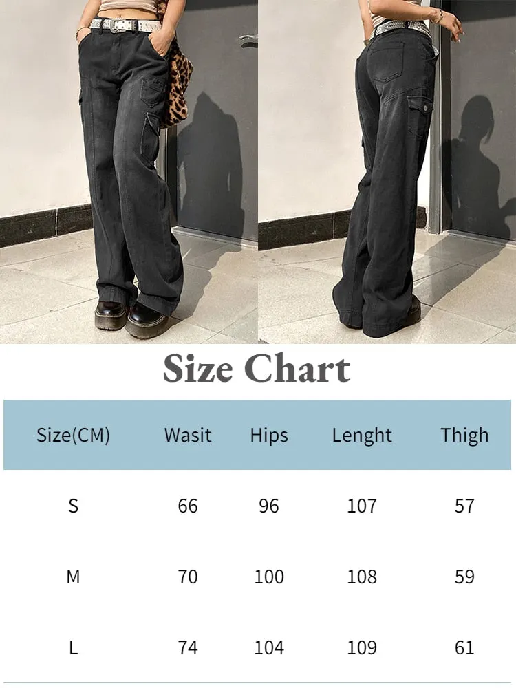 Jacuqeline 2022 Print Denim Y2K Cargo Pants Woman Low Rise Baggy Jeans Straight Long Trouser Women Clothing Fairy Grunge Vintage