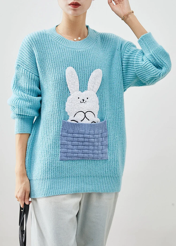 Boho Sky Blue Thick Patchwork Rabbit Knitted Tops Winter