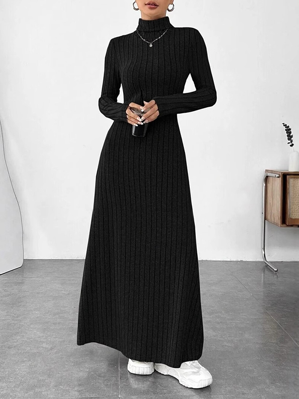 Split-Joint Solid Color Pleated Long Sleeves High Neck Maxi Dresses BLACK-XS