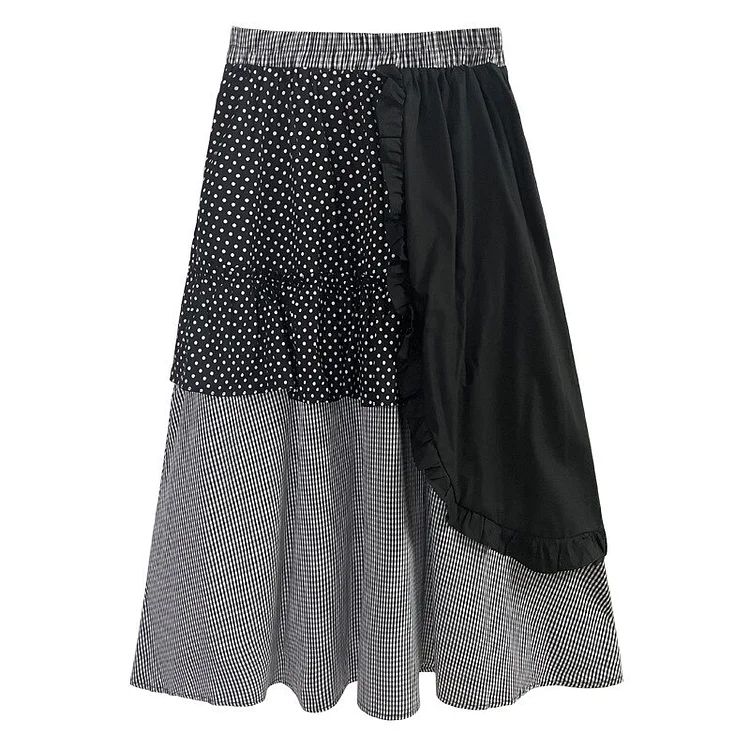 Fashion Asymmetrical Patchwork Dots Splicing Plaid Ruffle Skirt                  