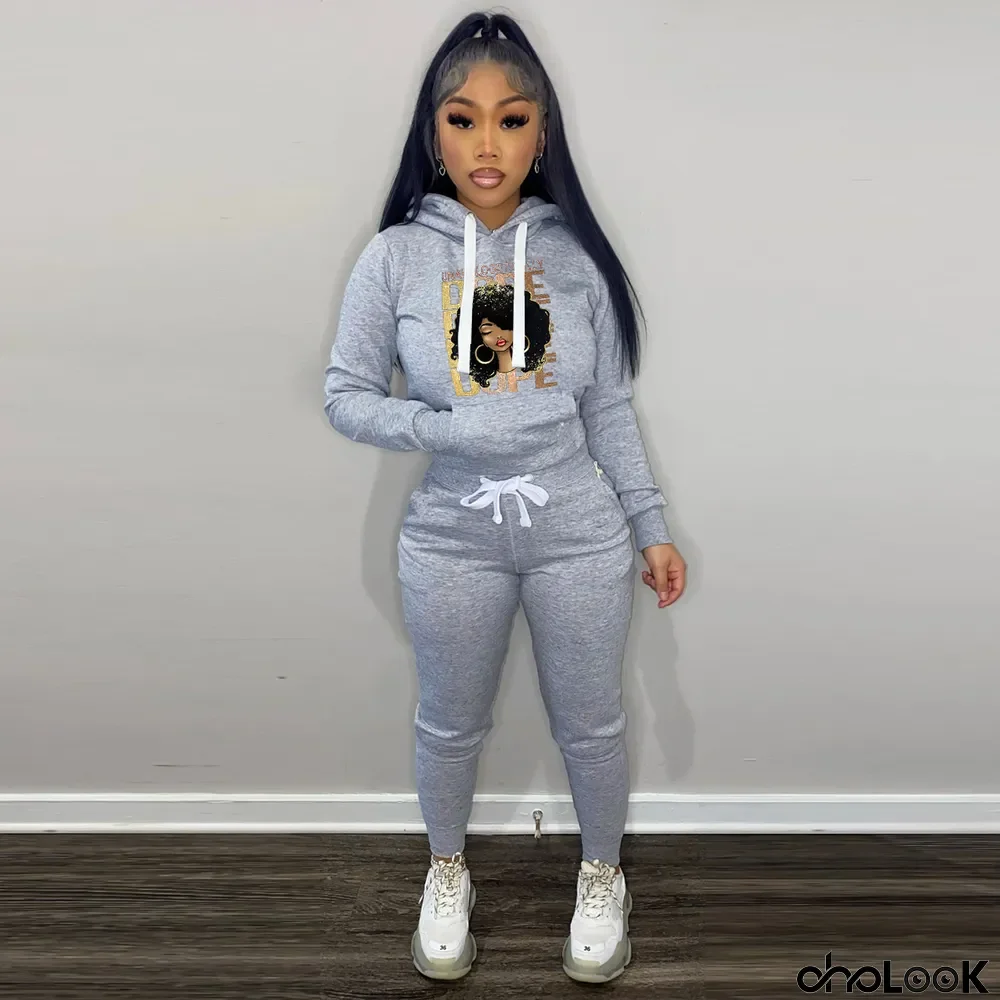 Plus Size Plush Drawstring Print Pocket Hoodies Two Piece Set