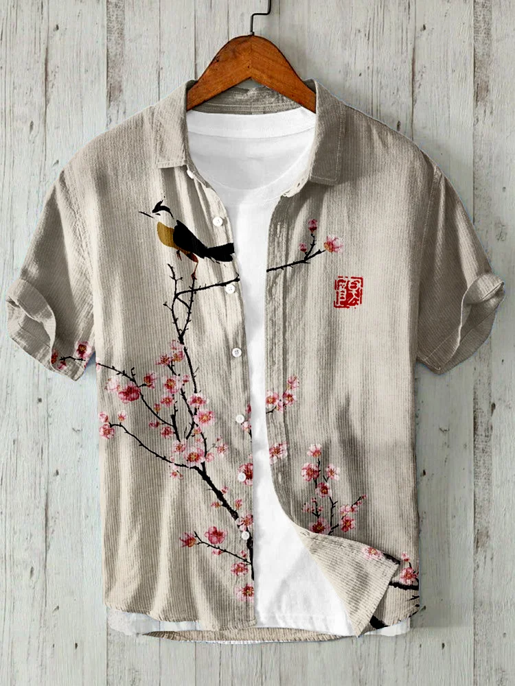 Japanese Cherry Blossom and Bird Art Linen Blend Shirt
