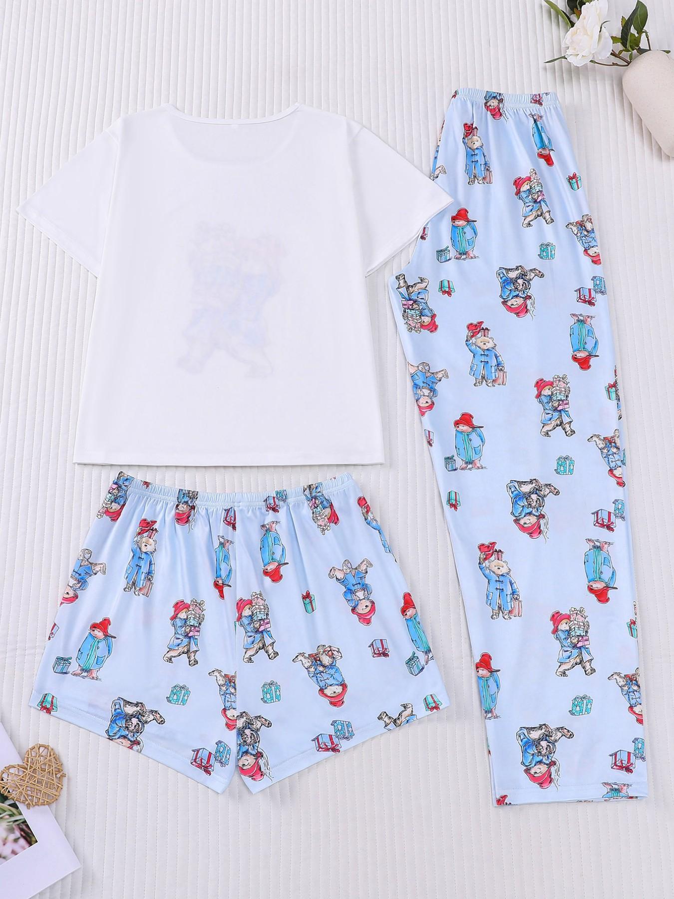 3-Piece Casual Women Pjs Pajama Set with Padding Bear Print, Short Sleeve Button-Up Top and Loose Shorts and Long Pants, Stylish Comfortable Sleepwear & Loungewear for Everyday and Holiday