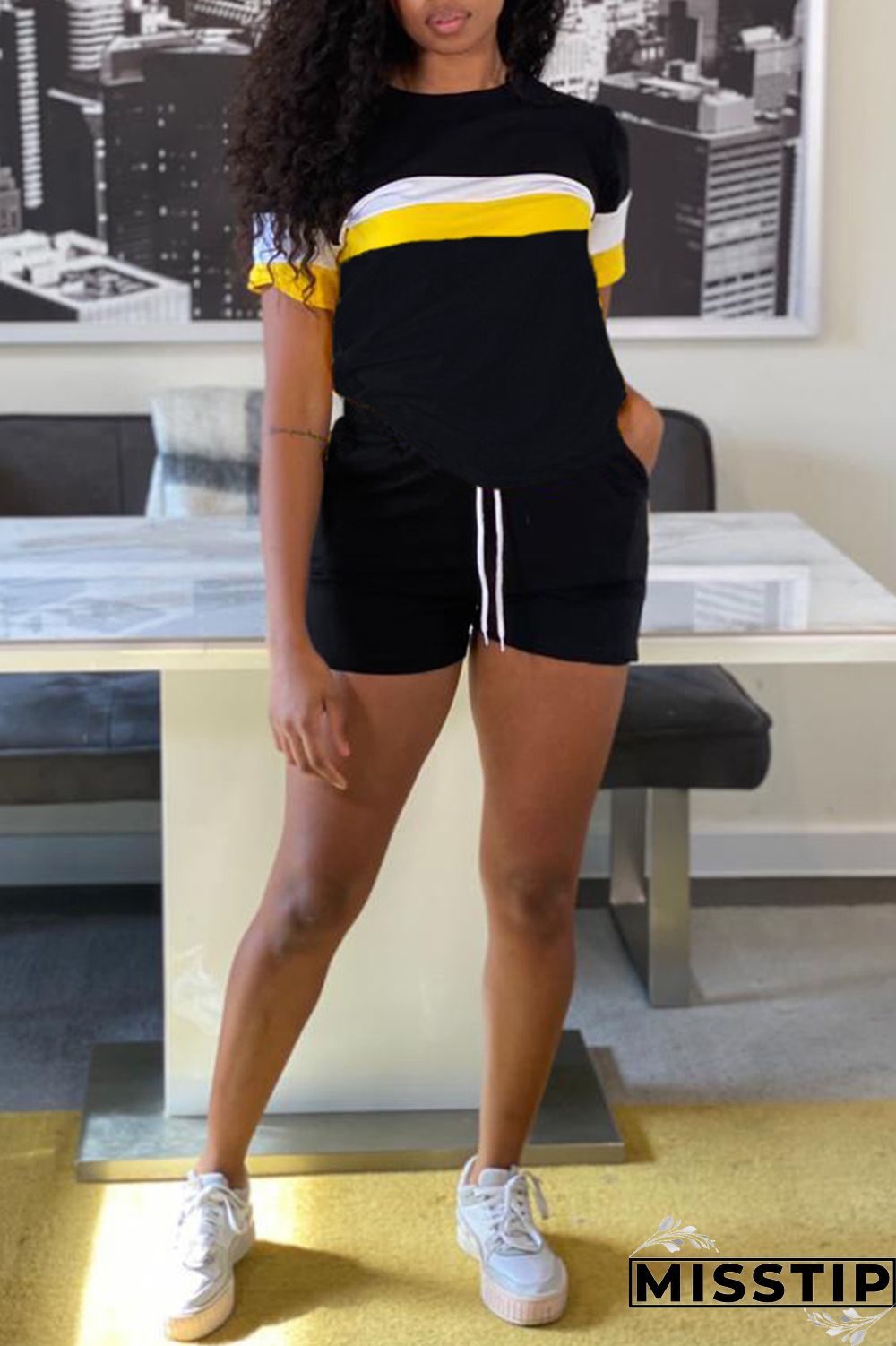 Black Fashion Casual Patchwork Basic O Neck Short Sleeve Two Pieces