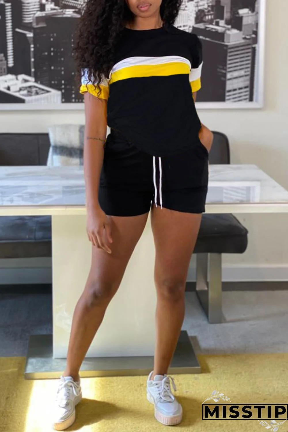 Black Fashion Casual Patchwork Basic O Neck Short Sleeve Two Pieces