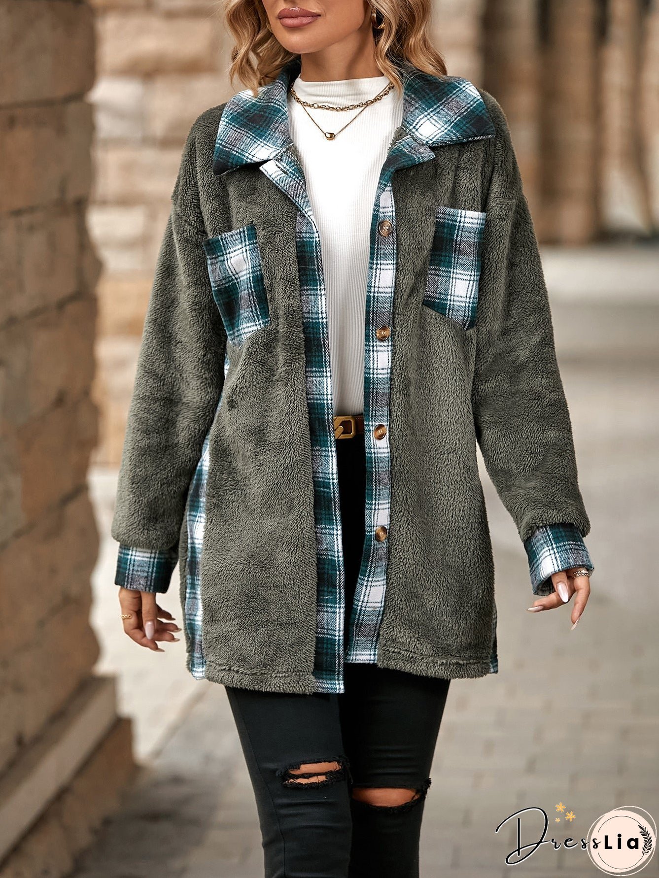 Women's Single-breasted Lapel Mid-length Plaid Plush Coats