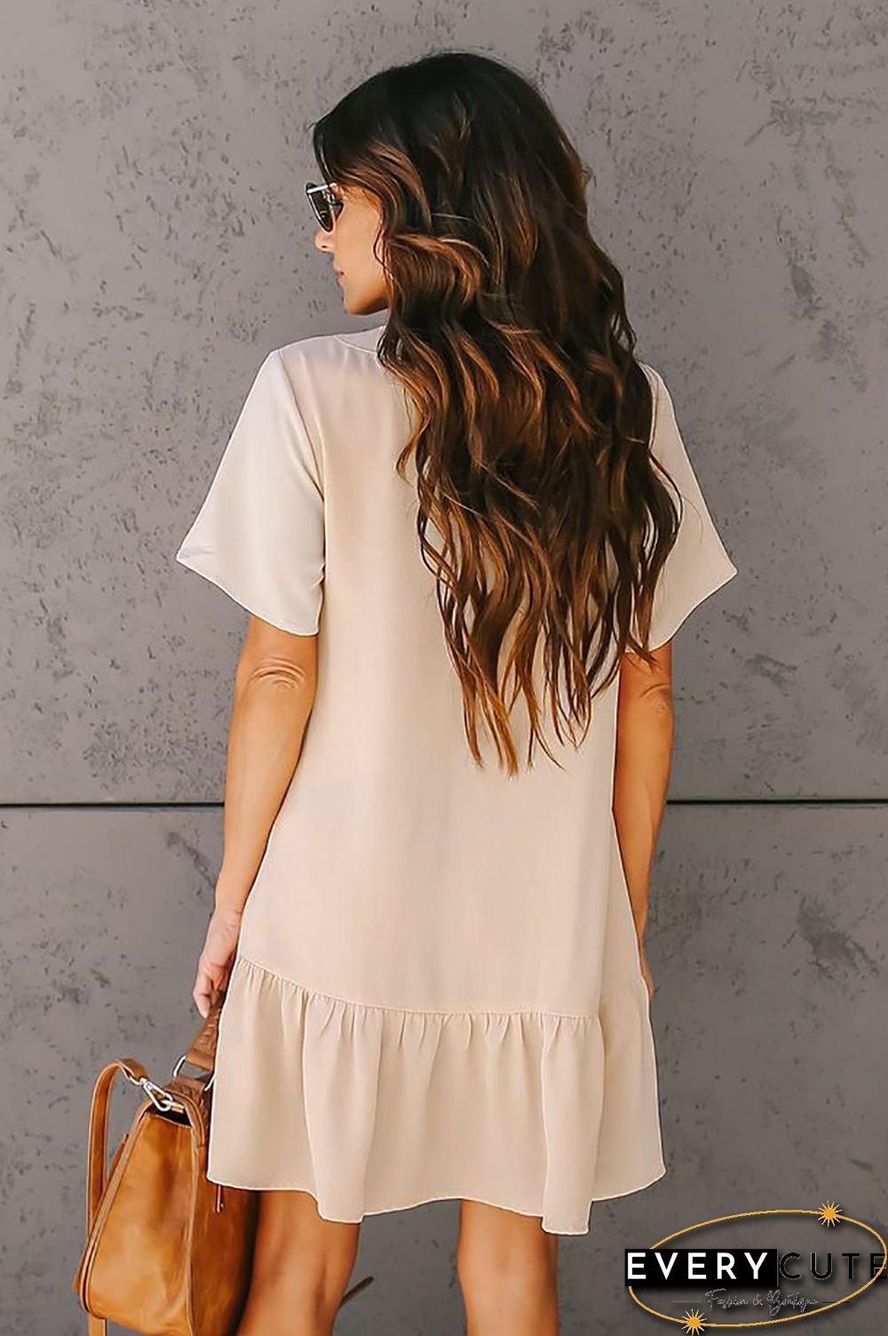 Beige Pocketed Button Down Ruffle Dress