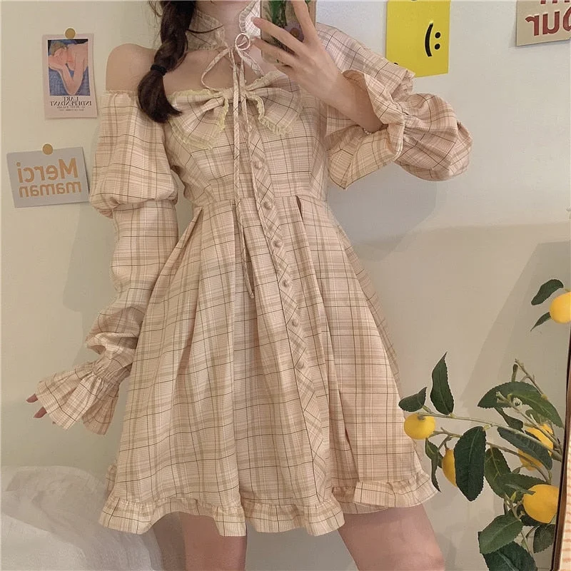 Billlnai Dress Women's Spring Summer New 2023 Gentle Wind Fresh Plaid Puff Sleeve Careful Strapless Dress Mori Girl