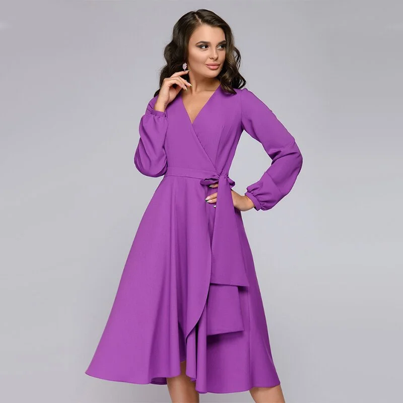Women Vintage Sashes A-line Party Dress Long Sleeve Sexy V neck Solid Elegant Casual Beach Dress 2020 Summer New Fashion Dress