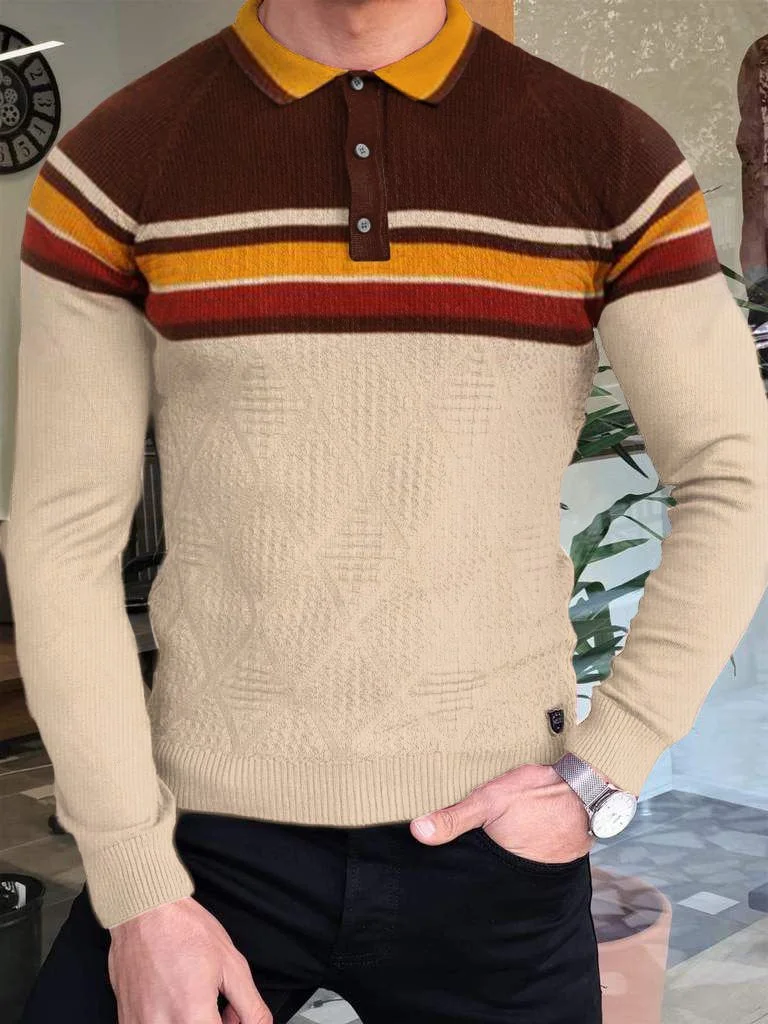 men's casual stitching polo plaid long sleeve