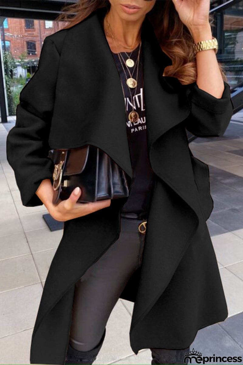 British Style Elegant Solid Bandage Turndown Collar Outerwear