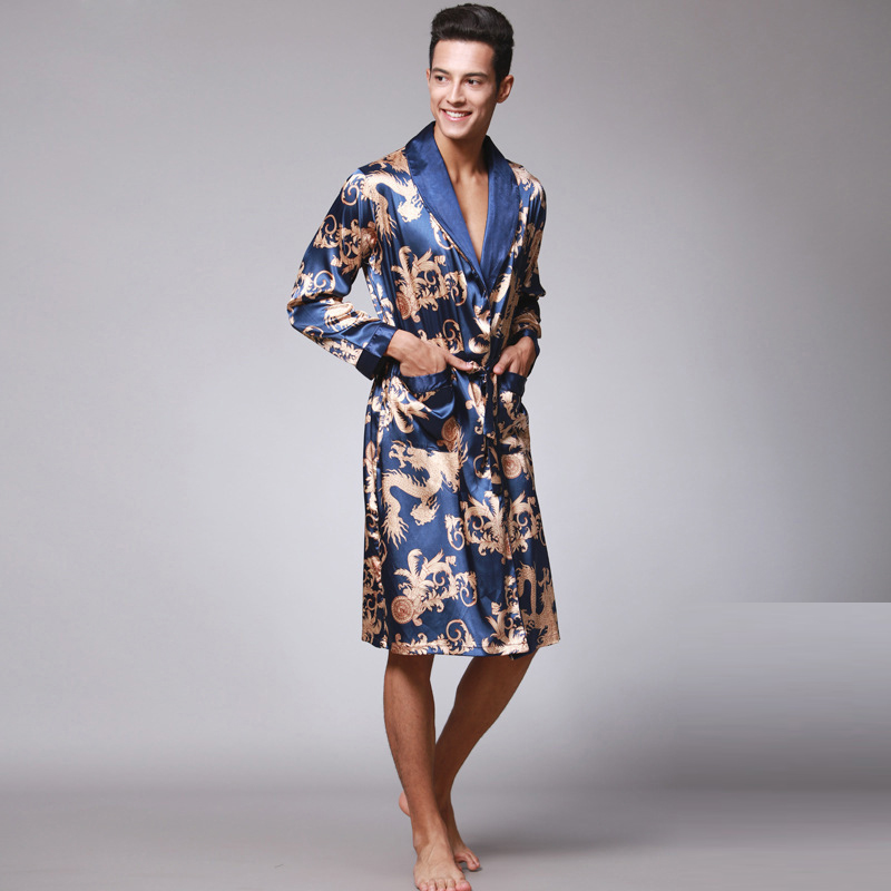 Trusthomeno Men Sleepwear Shower Robe Bathrobe Man Pajama with Belt Imitation Silk Printing Bathrobe Satin Pijama Hombre Pyjama Loungewear