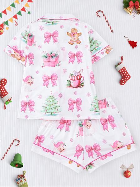 【christmas】Women's Christmas Pajama Set, Santa Cookie Print, Short Sleeve Button-up Top & Elastic Shorts, Casual All-season Sleepwear, Christmas Pyjamas, Loungewear