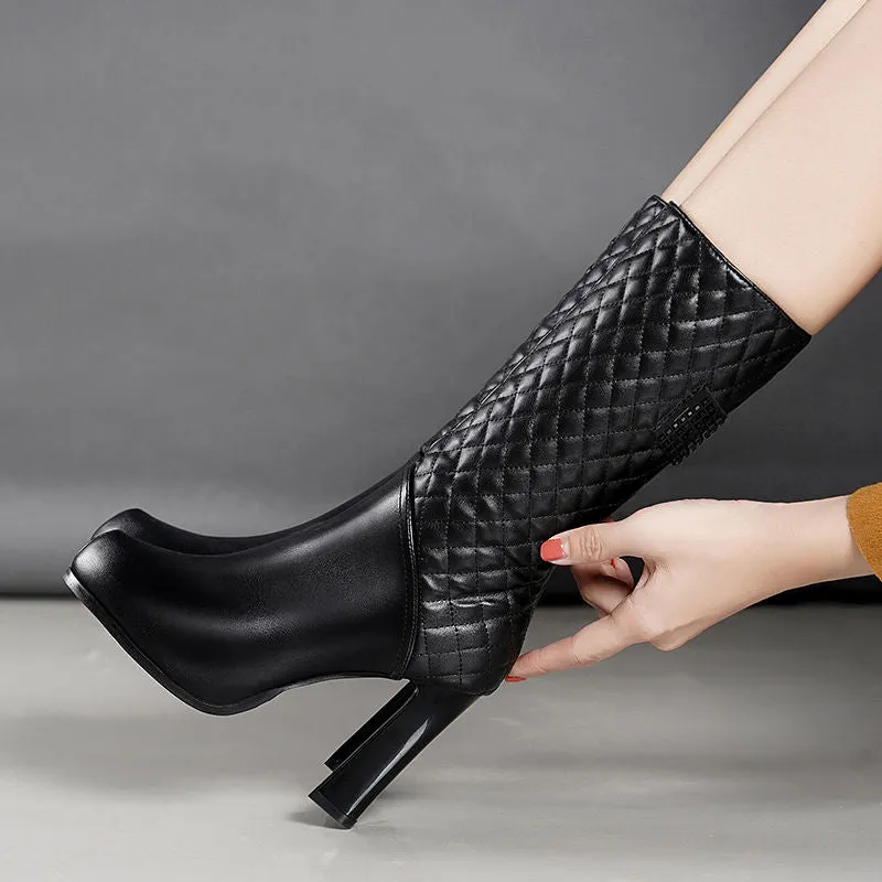 2020 Genuine leather Boots Woman Mid Calf Boot Slim Women Winter Shoes Plush Lining Square Heel Footware Female BLACK PLATFORMS