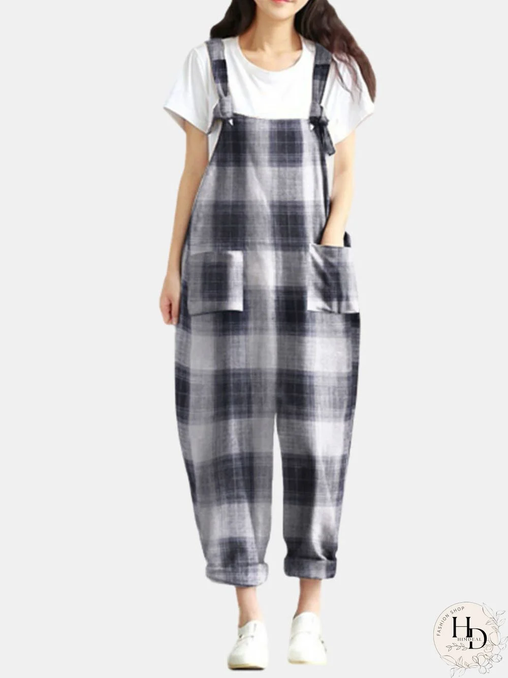 Plaid Spaghetti Straps Loose Pocket Jumpsuit for Women